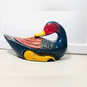 Hand-Painted Wooden Duck Figurine in Blue, Red and Yellow